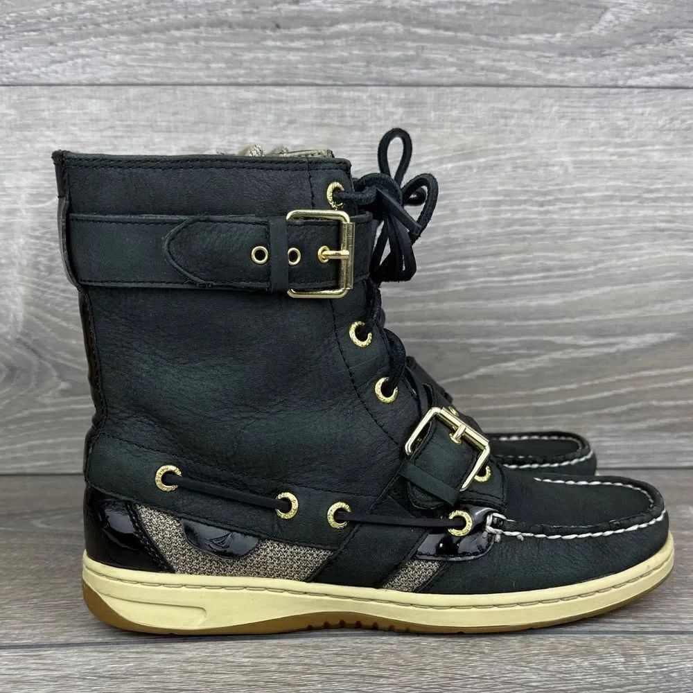 Sperry Top Sider Huntley Women’s Sz 5.5M Black Leather Gold Boat Deck Boots